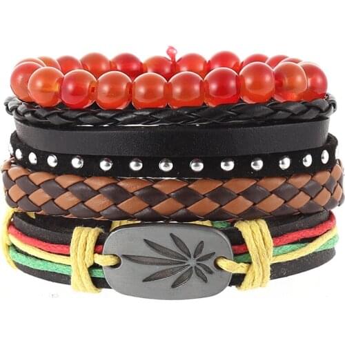 4pcs/set hippie punk black orange leather rivert charm cord knots onyx beads Layers stackable wrap wide Bracelet Bangles for man