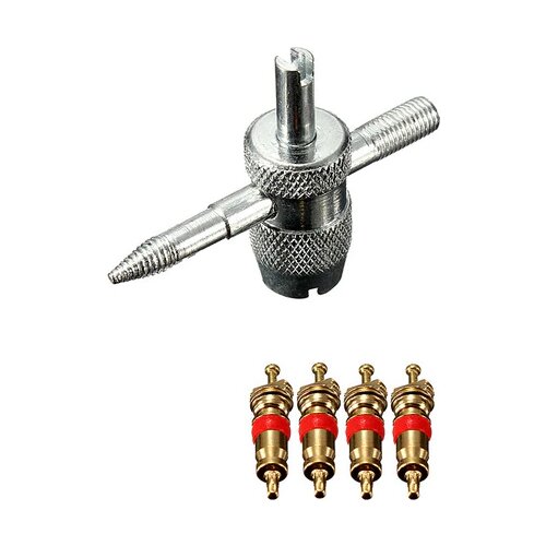 500sets/lot 5in1 TYRE VALVE REPAIR KEY TOOL REMOVER THREAD CLEANER + 4 Vavle CORES for CAR VAN LORRY CARAVAN TRACTOR BICYCLE