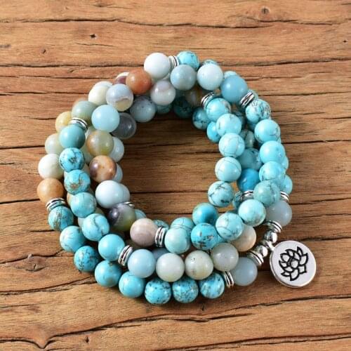 8mm Amazonite With Turqouise Mala Necklace 108Japamala Tibetan Buddhist Prayer Beads Jewelry Rosary Yoga Gifts Wholesale