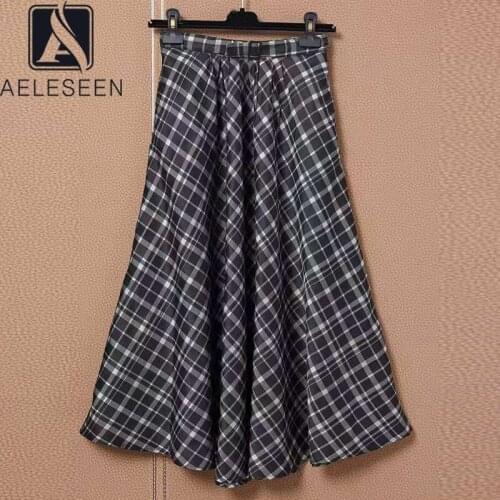 AELESEEN Runway Fashion Women Plaid Print Skirt 2021 Autumn Winter High Quality With Pocket Long Elegant Party Skirt