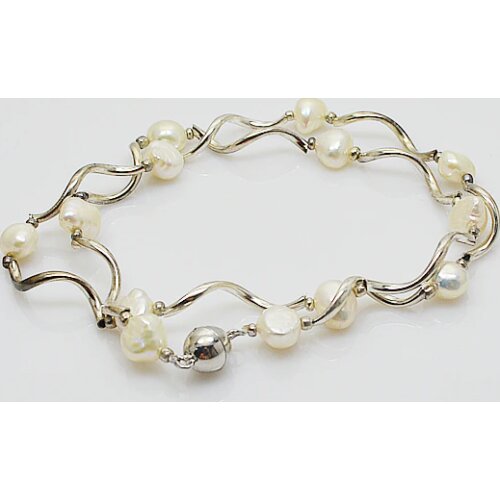 White baroque pearl necklace,8-9mm genuine freshwater pearl silver tube necklace round magnet clasp perfect women gift