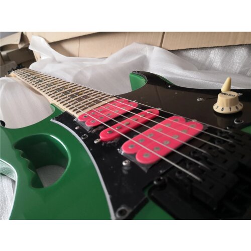 Free shipping custom 6 string electric guitar,green body,Multicolor inlay,tremolo bridge,pink HSH pickups,black button