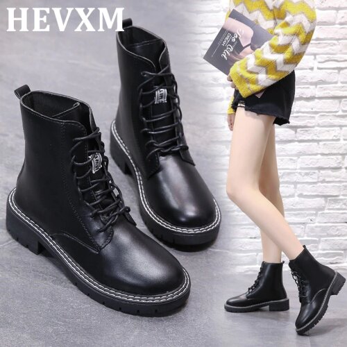 HEVXM Boots Women Fashion Solid Leather Middle Lace-Up Thick Martin Boots Round Toe Shoes Outdoor PU Leather Winter Female Shoes