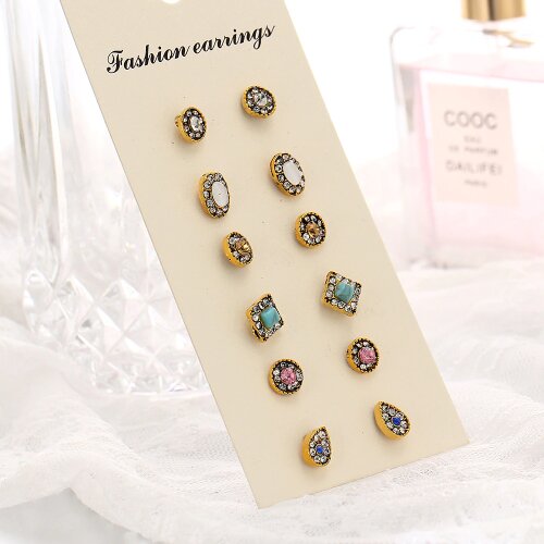 Chadestinty 6 Pairs/Lot Water Drop Round Square Stud Earrings Women Vintage Crystal Earrings Set geometrische oorringen