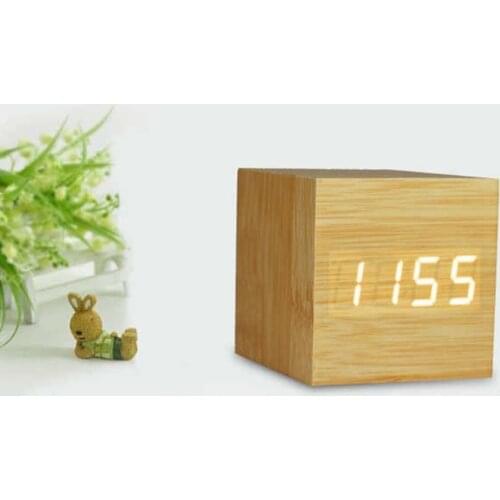 Multicolor Sound Control Wooden Wood Square LED Alarm Clock Desktop Table Digital Thermometer Wood USB/AAA Date Display Clock