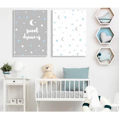 Nursery Sweet Dream Wall Art Blue Gray Canvas Painting Cartoon Star Moon Point Printed Pictures for Baby Boy Room Home Decor