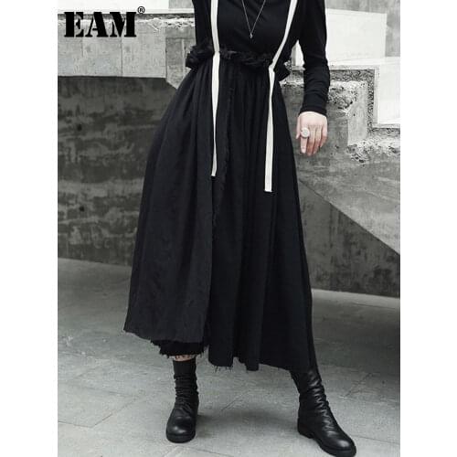 [EAM] High Quality 2021 Spring Autumn Black High Waist Vintage edge Spliced Fashion New Womens Strap half-body Skirt LA923