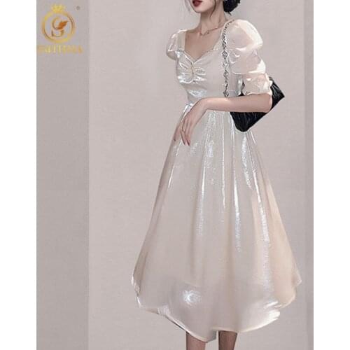 French Elegant Long Fairy Shiny Sloid Dress Puff Short Sleeve Ladie V-Neck Vintage Party Dress One Piece Summer Womens Clothing