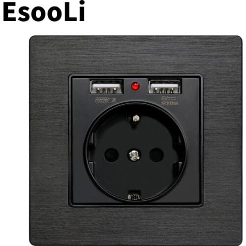 EsooLi Black Aluminum Metal Panel Dual USB Charging Port 2.1A 16A Russia Spain Wall Socket EU Power Outlet R8 Series