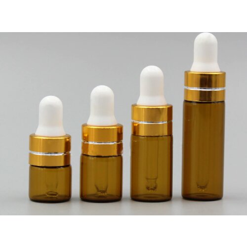 50/100/200pcs 1ml 2ml 3ml 5ml Perfume Essential Oil Bottles brown Glass Dropper Bottle Jars With Pipette gold ring white head