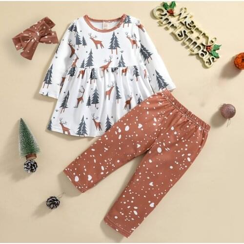 FOCUSNORM 3pcs Lovely Kids Girls Boys Clothes Sets 1-6Y Cartoon Deer Printed Long Sleeve Dress Tops+Pant Headband