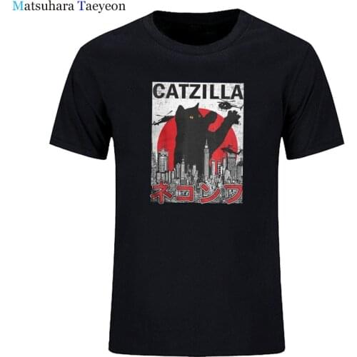 Fashion Tshirt Catzilla Japanese Cat Kitten Lover Mens T Shirt Casual Tees Short Sleeve Crew Neck T-Shirt Cotton Summer Tops