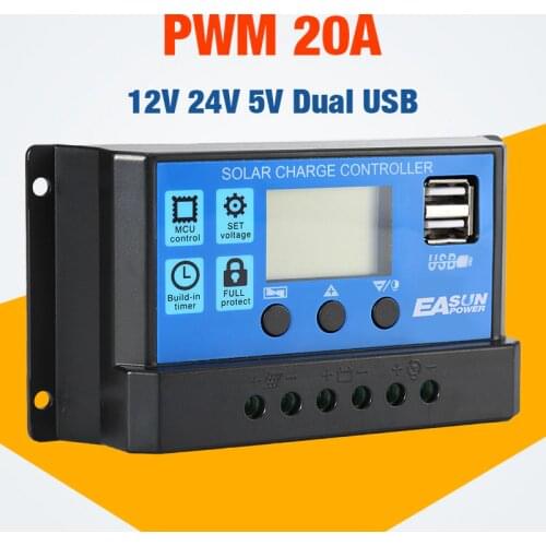 Solar controller 20A 12V 24V Auto Solar Charge Controller PWM With LCD Dual USB 5V Output Solar Cell Panel Regulator PV Home