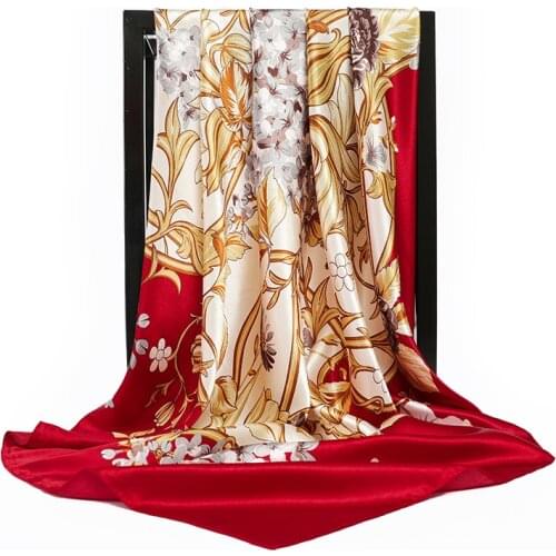 Fashion Silk Scarf Flowers Print Ladies Designer Shawl Luxury Head Foulard Soie Square Women Scarves Ladies Accessories 90X90