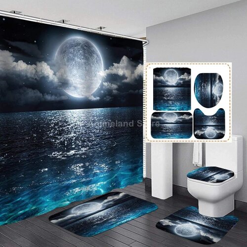 Full Moon Sea Shower Curtain With Non Slip Rug Mat Bathroom Curtains Waterproof Polyester Bathroom Curtain with Hooks Night Wave
