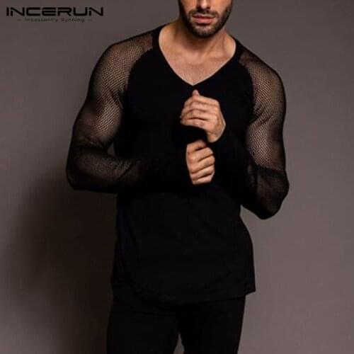 INCERUN Men Leisure Solid Color Mesh T-Shirts Fashion Long Sleeve V Neck Tee Tops Male Casual Loose See Through Camisrtas S-5XL