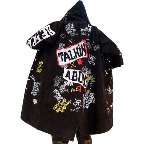 Autumn Mens Clothing Graffiti Print Letter Hooded Trench Coat Long Loose Dovetail Windbreaker Streetwear Hip Hop Outerwear