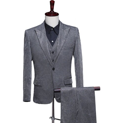 New Mens Fashion Shiny Changed Colorful 3 Pcs Set Suits Purple Gray Blue Wedding Groom Prom Dress Suits
