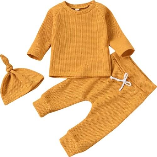 New 3 Pieces Baby Suit Set Solid Color Round Neck Long Sleeve Pullover+ Trousers+ Hat Yellow/Blue/Brown/White