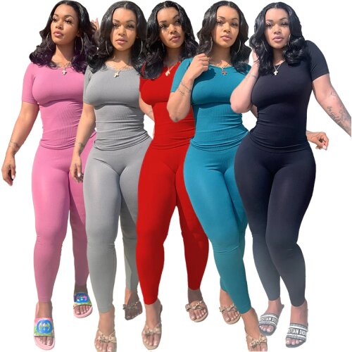 Solid Color Rib High Elasticity Round Neck Short Sleeve Tshirts and Sweatpants Two Piece Sets Women Summer Casual Sweatsuit