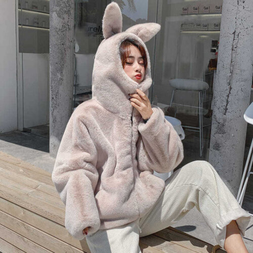Women 2021 Winter Fashion Thick Hooded Coats Female Loose Faux Fur Jackets Ladies Rabbit Ears Imitation Rabbit Fur Overcoat R344