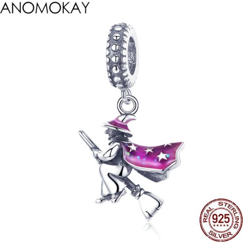 Anomokay Real 100% 925 Sterling Silver Magic Witch Pendant Charms fit Bracelet Bangle S925 Silver Jewelry for Halloween Gift