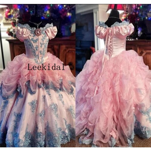 Off Shoulder Gray Lace Vintage Off Shoulder Princess Ball Gowns Flower Girls Dresses Girls Birthday Pageant Celebration Gowns