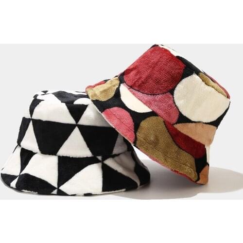 Fluffy Fisherman Hat Faux Fur Warm Bucket Hats For Women Girl Triangle Circle Print Plush velvet Winter Hat Bob Panama