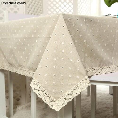 Daisy Flower Pattern Tablecloth Hot Sale Linen and Cotton Lace Edge Rectangular Table Cloth Home Hotel Textile