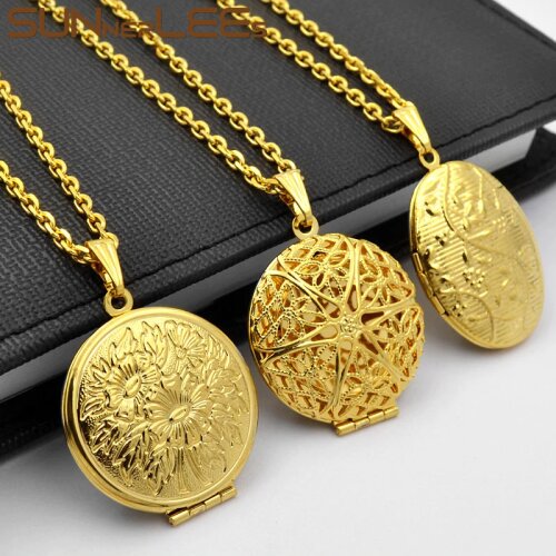 SUNNERLEES Fashion Jewelry Gold-Color Pendant Necklace Flower Circle Photo Holder Limk Chain For Men Women P14