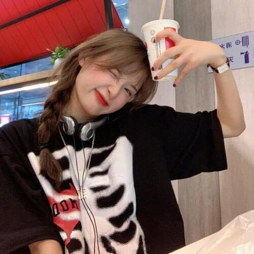 Skeleton Heart Graphic Tops Summer Harajuku Hip Hop Gothic Vintage Y2K Casual Punk Loose Chic Cotton High Street Female T-Shirt