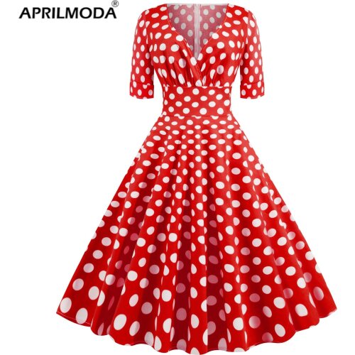Short Sleeve Retro Vintage Rockabilly Dress Red Yellow Black White Polka Dot Print 50s Summer A-Line Swing Party Pin Up Jurken