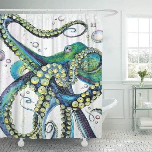 Vintage Colorful Fashion Octopus Painting Polyester Shower Curtains Waterproof Adjustable Hook Odorless
