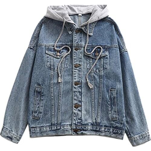 PERHAPS U Women Denim Jacket Blue Loose Pocket Hooded C0118
