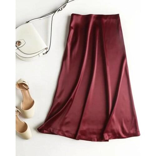 Dave&Di england style office lady elegant simple satin shine silk midi faldas mujer moda 2020 long skirt women