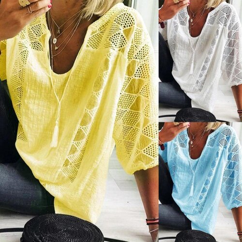 Shirt M-5xl Women Casual Blouse Top U Neck 3/4 Sleeve Hollow out Lace Drawstring T-shirt Half Sleeve Shirts Blouse Female Clothi