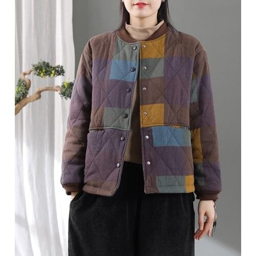 Retro Contrast Color Women Parkas Plaid Cotton-Padded 2020 Loose Casual Stand-up Collar Cardigan Big Size Women Thick Coat