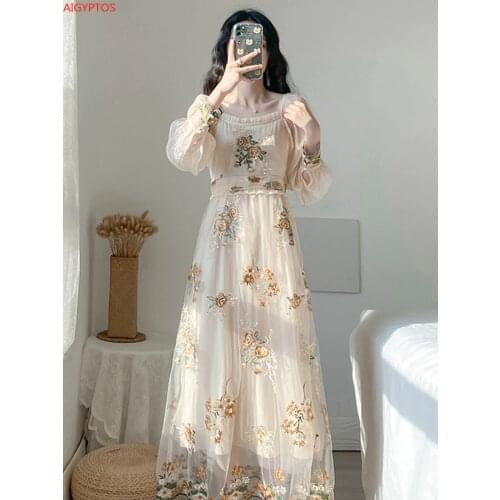 AIGYPTOS 2020 new waist thin court French dress mesh embroidery dress women dress birthday dress for women
