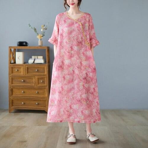 Thin Soft Cotton Linen Loose Summer Dress 2021 New Arrival Print Floral Vintage Chinese Style Dress Women Casual Midi Dress