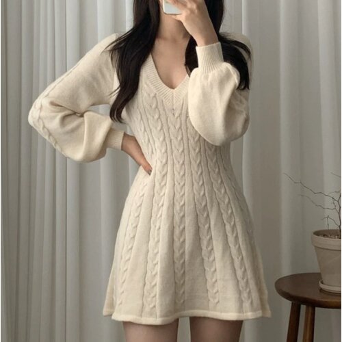 Korean Fashion Casual Twist V-neck Knitted Dresses Women Vintage Long Sleeve Sweater Mini Robe Femme Vestidos 2021 Autumn Winter
