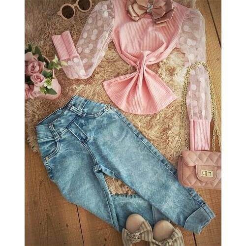 2Pcs Kids Girls Mesh Long Puff Sleeve Knit Tops+ Denim Pant Jeans Outfit 2021 Autumn Children Baby Girls Clothes Sets 2-7Years