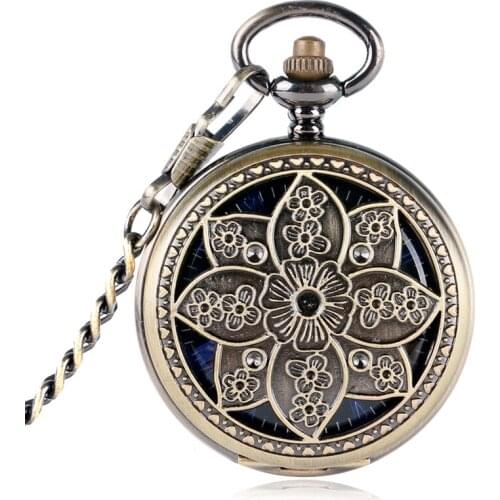 2017 Retro Lotus Flower Copper Pocket Watch Women Skeleton Mechanical Hand-winding Blue Roman Numerals Pendant Clock Gift P2016C