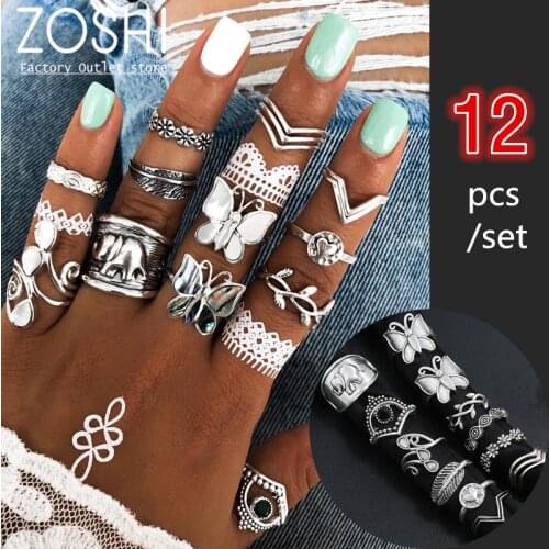 ZOSHI 5-14 pcs Retro Butterfly Ring Set Opals Crystal Elephant Knuckle New Rings Set Women Finger Midi Bohemia Accessory Jewelry