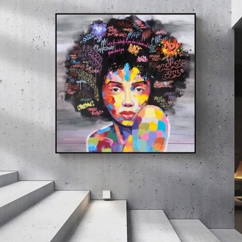 Abstract African Girl With Letters Wall Art Canvas Modern Pop Wall Graffiti Art Paintings Black Woman Cuadros Picture Home Decor