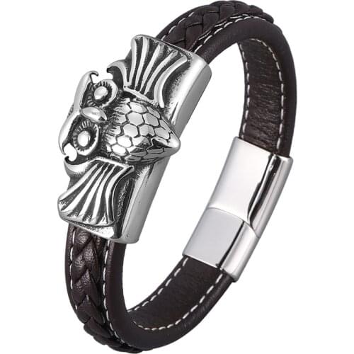 Retro Owl Shape Stainless Steel Magnet Clasp Brown Leather Charm Bracelet Men Jewelry Punk Bangles Male Wristband Gift SP0917