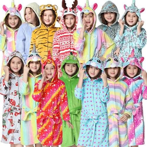 Children Sleepwear Nightwear Homewear for Kids Bath Robes Winter Flannel Soft Kigurumi Rainbow Unicorn Pajamas Bathrobe