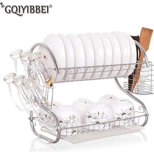 Double Layer Dish S-Shaped Stainless steel Kitchen Organizer Tableware Storage Rack Plate Cutlery Cup Drain Bowl Sponge Holder