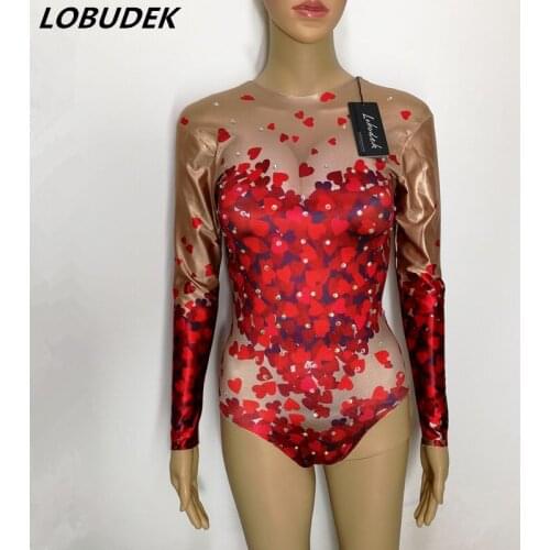 Red printing Leotard jumpsuit Western style Valentines Day Bar DJ DS female costumes Nightclub Pole dancing show stage Costume