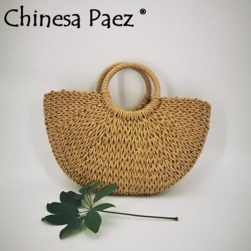 Summer Handmade Bags Women Beach Weaving Ladies Straw Bag Wrapped Beach Bag Moon Shaped vintage Woven Rattan totes