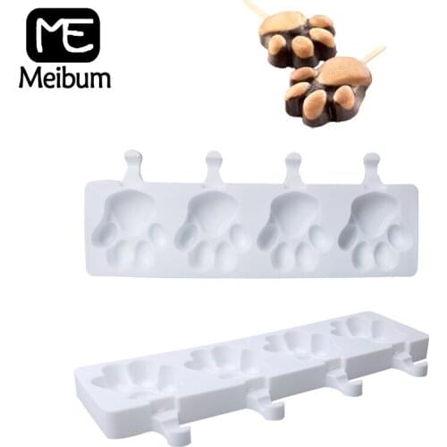 Meibum 4 Cavity Cute Bear Paw Shape Ice Cream Silicone Mold Fruit Juice Popsicle Mould Chocolate Lolly Sucker Dessert Tray